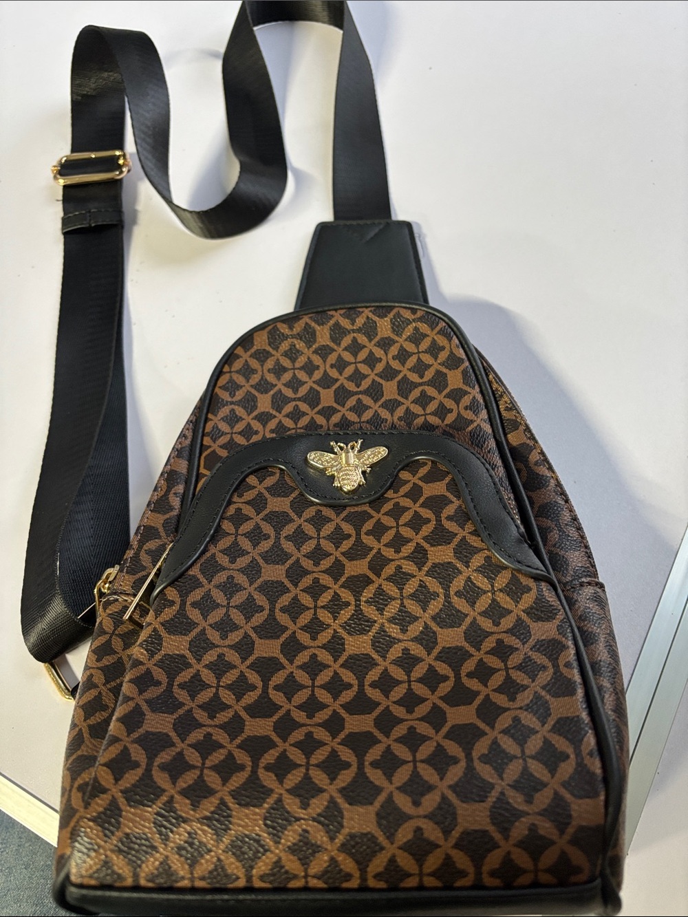 Brown Patterned  Crossbody Sling Bag with Gold Bee Accent
